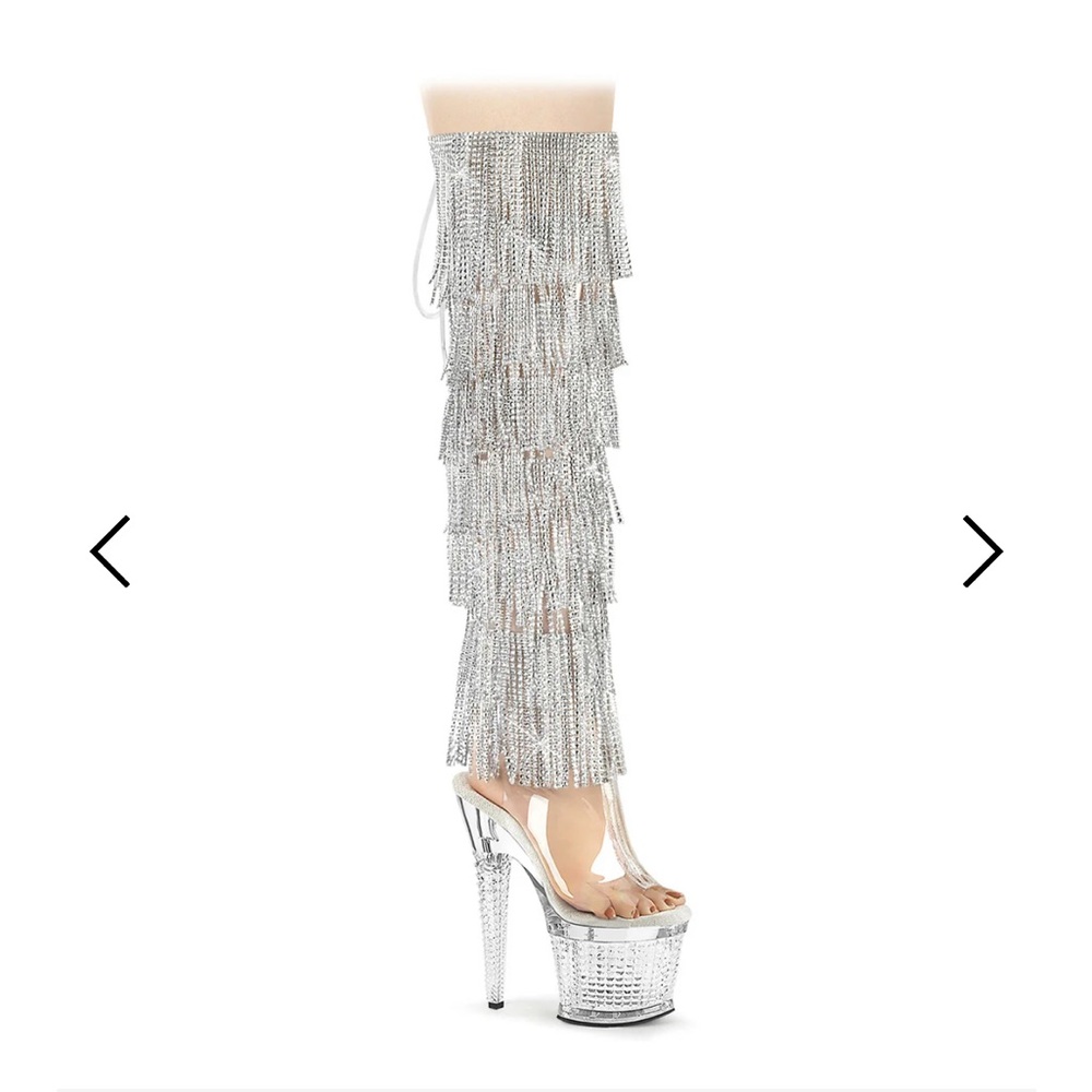 Pleaser Shimmering Silver Fringe Stiletto Heels with Transparent Platform